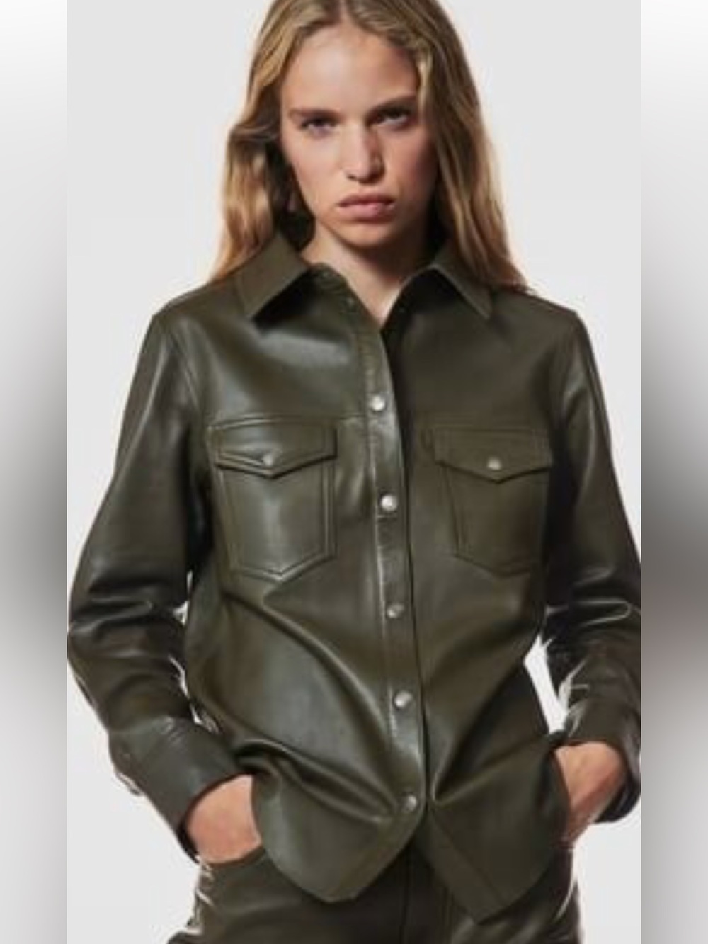 NWOT Genuine Leather Olive Green Shirt/ Over-shirt Snap front Size M